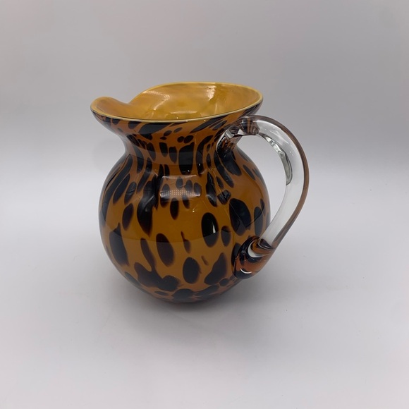 Gold & Spotted Black Hand Blown Glass Pitcher With Crystal Handle 7” - Picture 3 of 16